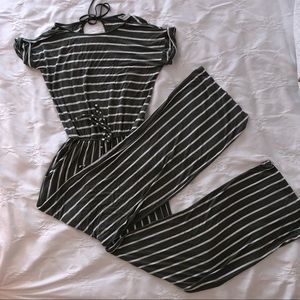 Olive  and cream striped jumpsuit